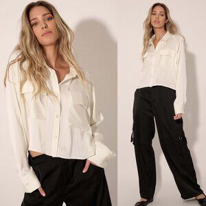 Melinda Satin-Stripe Pearl-Button Pocket Shirt